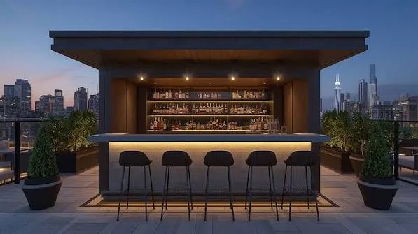 A warmly lit outdoor entertaining terrace